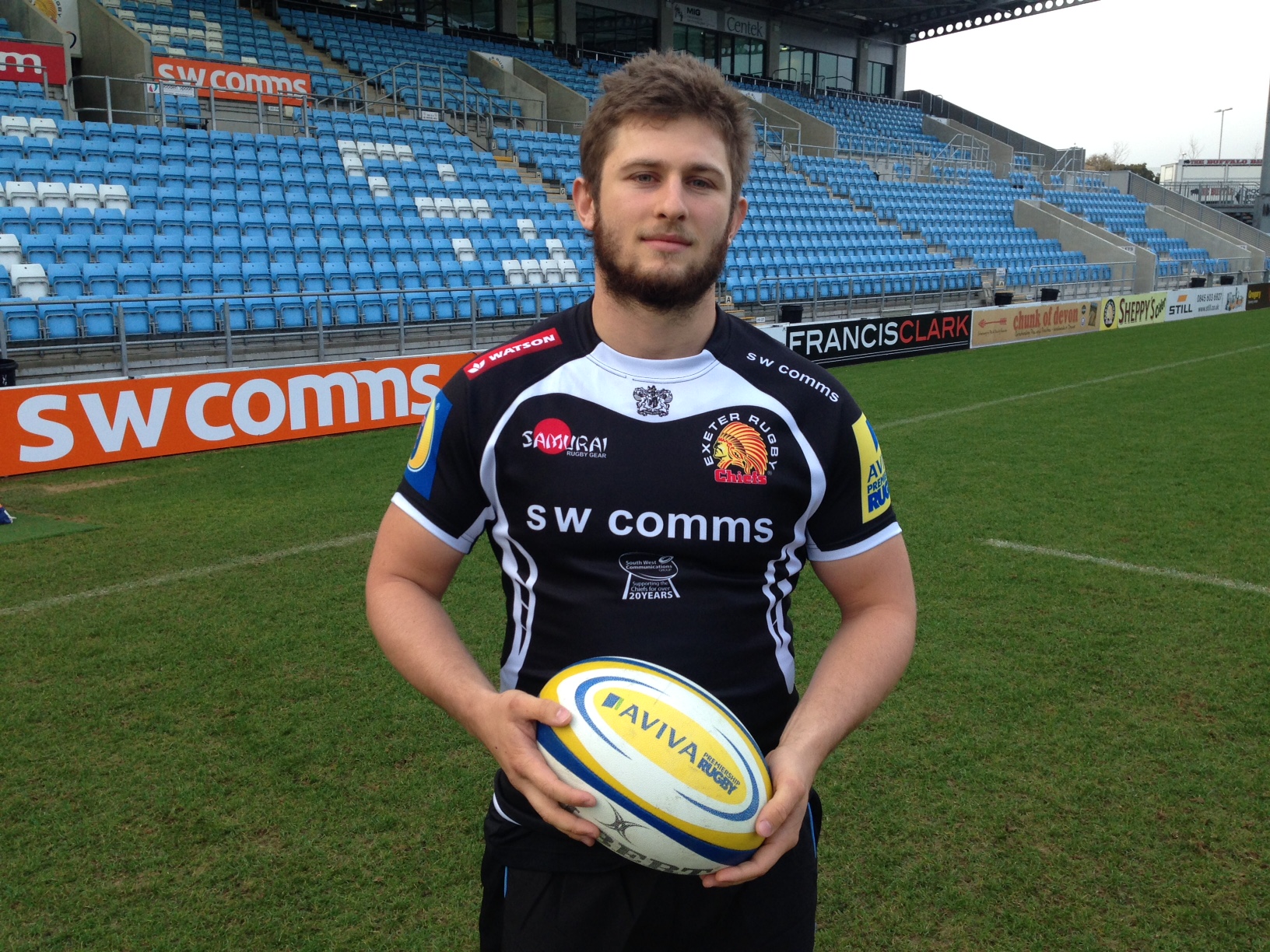 Exeter Chiefs prop Alec Hepburn drives over to score during the