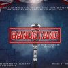 Poster Bandtsand logo with microphone and american flags on blue brick background