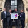 L-R: Reuben Ayres Provincial Grand Charity Steward, Ian Kingsbury Provincial Grand Master, Very Revd Jonathan Greener Dean Of Exeter Cathedral, Jill Taylor Director of Development.