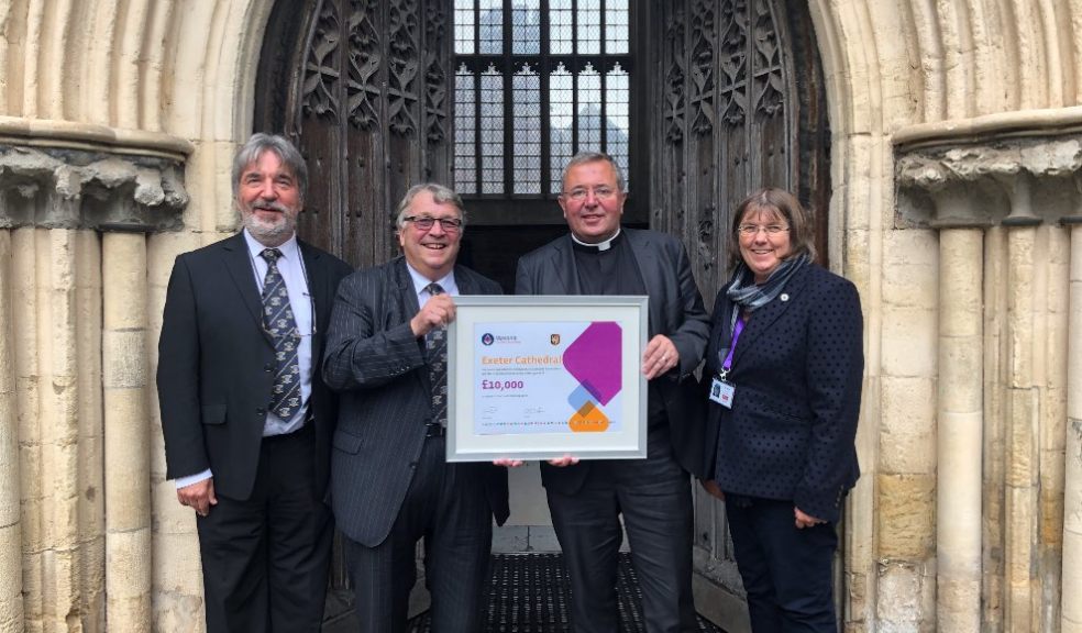 L-R: Reuben Ayres Provincial Grand Charity Steward, Ian Kingsbury Provincial Grand Master, Very Revd Jonathan Greener Dean Of Exeter Cathedral, Jill Taylor Director of Development.