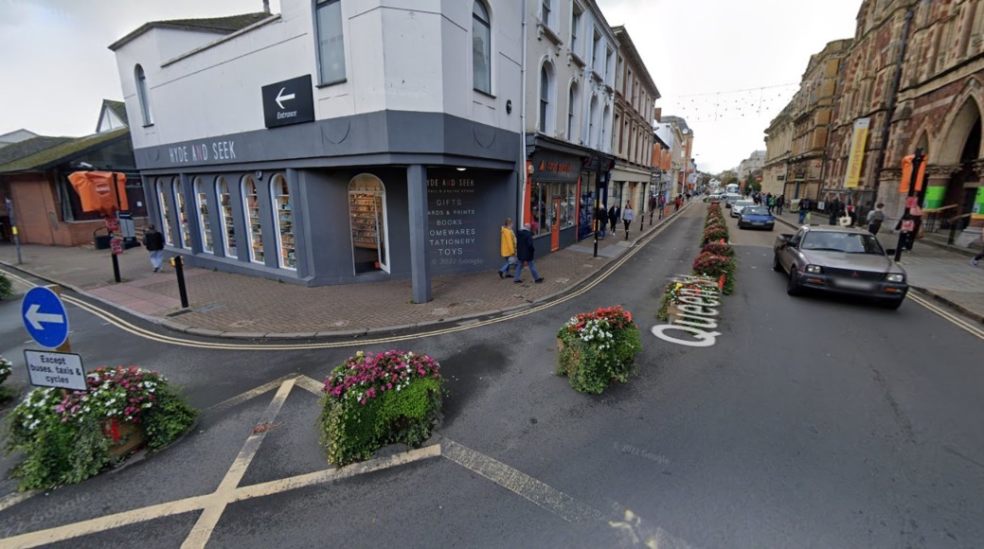 Road showing planters, shops in city