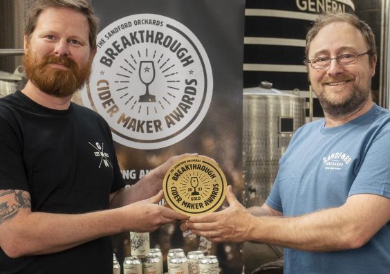 L to r Andy Jenkins of Ganley & Naish, previous winners and Barny Butterfield, founder of Sandford Orchards and the Breakthrough Cider Maker Awards