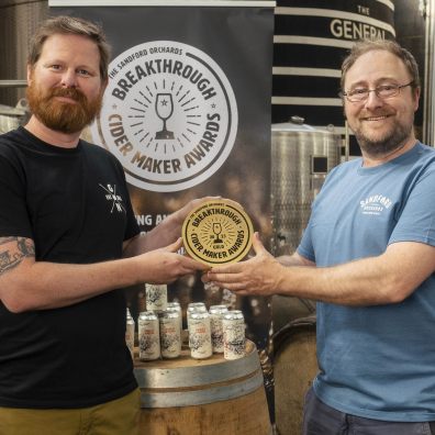 L to r Andy Jenkins of Ganley & Naish, previous winners and Barny Butterfield, founder of Sandford Orchards and the Breakthrough Cider Maker Awards