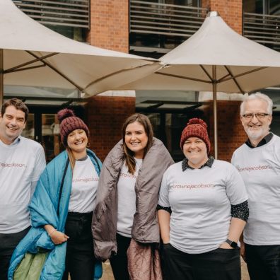 L-R: Browne Jacobson team completing their Autumnal sleep out: Managing Partner; Iain Blatherwick, Trainee solicitors; Claire Mills, Bethany Pickup, Gemma Pearce and HR Director Declan Vaughan. Photo by Neil Kates