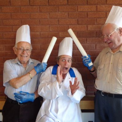 Cadogan Court residents Peter Lawry (left) and Ted Forward (right) lark about with the Home’s Activities Coordinator Luan Phillips.