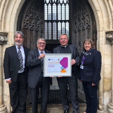 L-R: Reuben Ayres Provincial Grand Charity Steward, Ian Kingsbury Provincial Grand Master, Very Revd Jonathan Greener Dean Of Exeter Cathedral, Jill Taylor Director of Development.