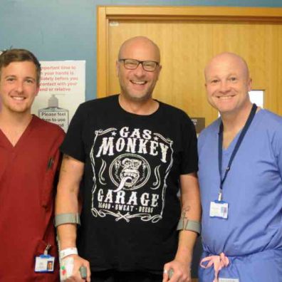 (L-R) Jonny Ritchie, Physiotherapist; Christopher Bennett and Matthew Wilson, Consultant Orthopaedic Surgeon.