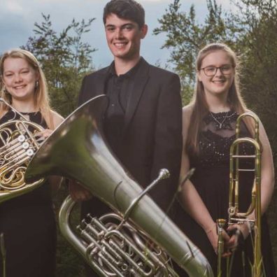 L-R_Danni Woodnutt Trumpet, Hannah Williams French Horn, Jacob Potts Tuba, Meggie Murphy Trombone and Eliza Talman trumpet all from Wells Cathedral School SML