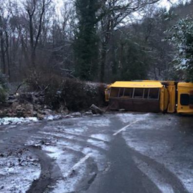 Overturned gritter at Holne, weather, Devon, Snow, Ice