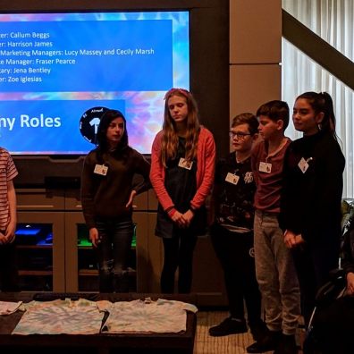 The Broadclyst team show their t-shirt samples at the presentation in Microsoft HQ, Seattle