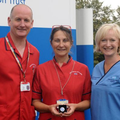 Tina Grose (centre), with Interim Chief Nurse at the RD&E, Dave Thomas, and Chief Nursing Officer for England, Ruth May.